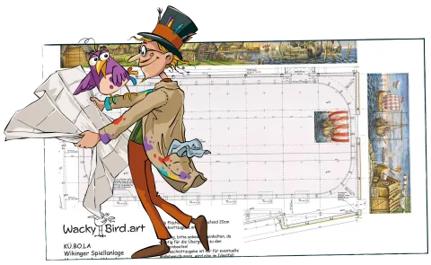 K&uuml;nstler mit Bauplan vor Skizze