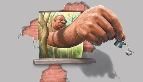 Riese mit kleiner Teekanne